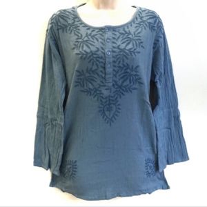 Vintage Classic Embroidered Gauze Kurta Top Blue
